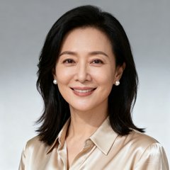 一位三十多岁优雅女性的专业头像，齐肩黑发自然垂落，穿着米色丝质衬衫，配戴简约珍珠耳钉，微笑亲切自然